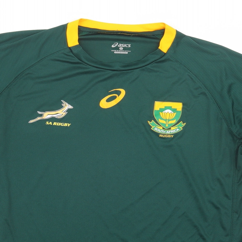 ASICS Mens Green  Polyester Jersey T-Shirt Size L Crew Neck Pullover - South Africa Rugby