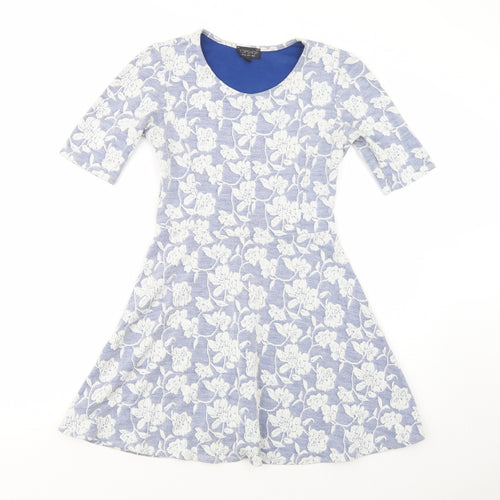 Topshop Womens Blue Floral Polyester Skater Dress  Size 8  Scoop Neck Pullover