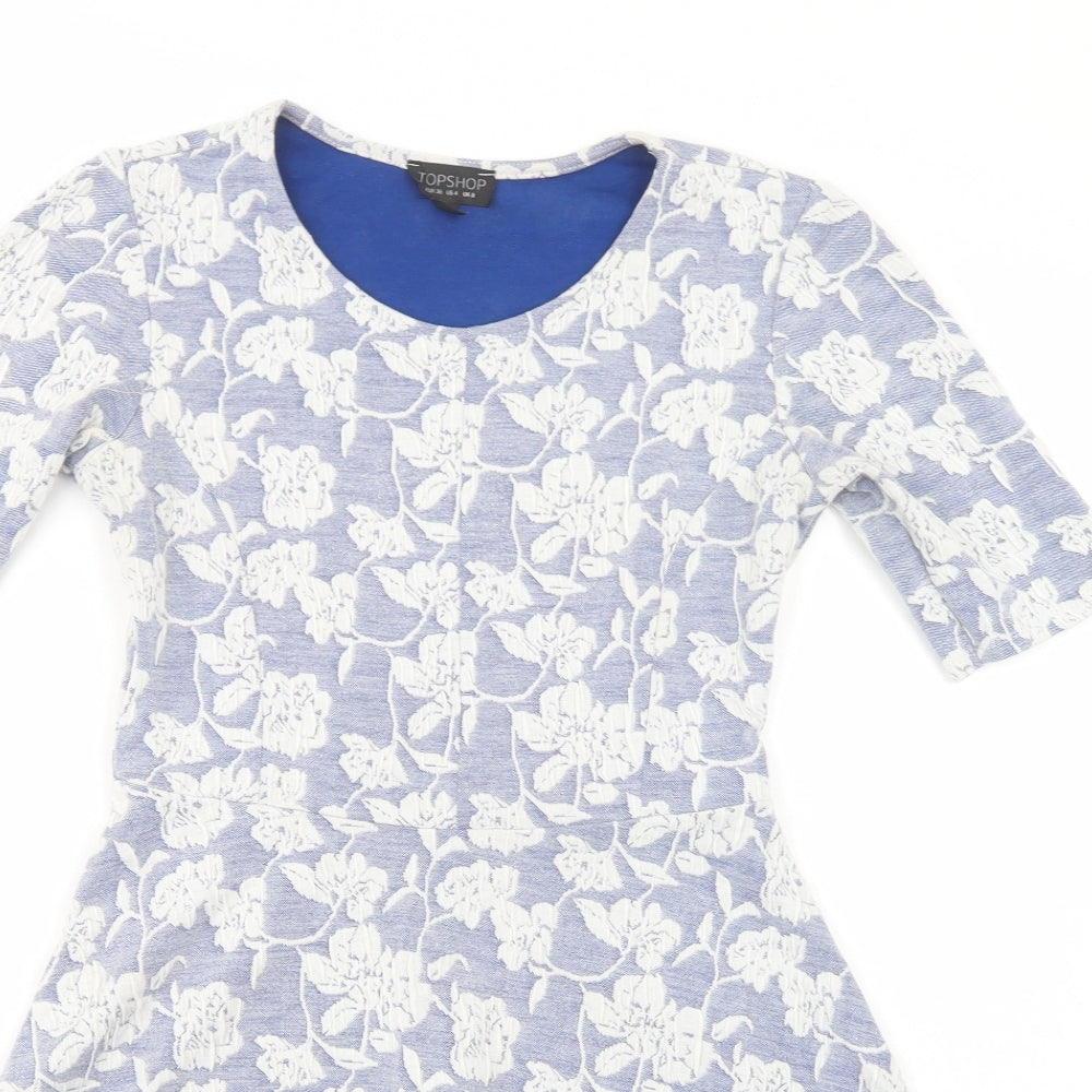 Topshop Womens Blue Floral Polyester Skater Dress  Size 8  Scoop Neck Pullover