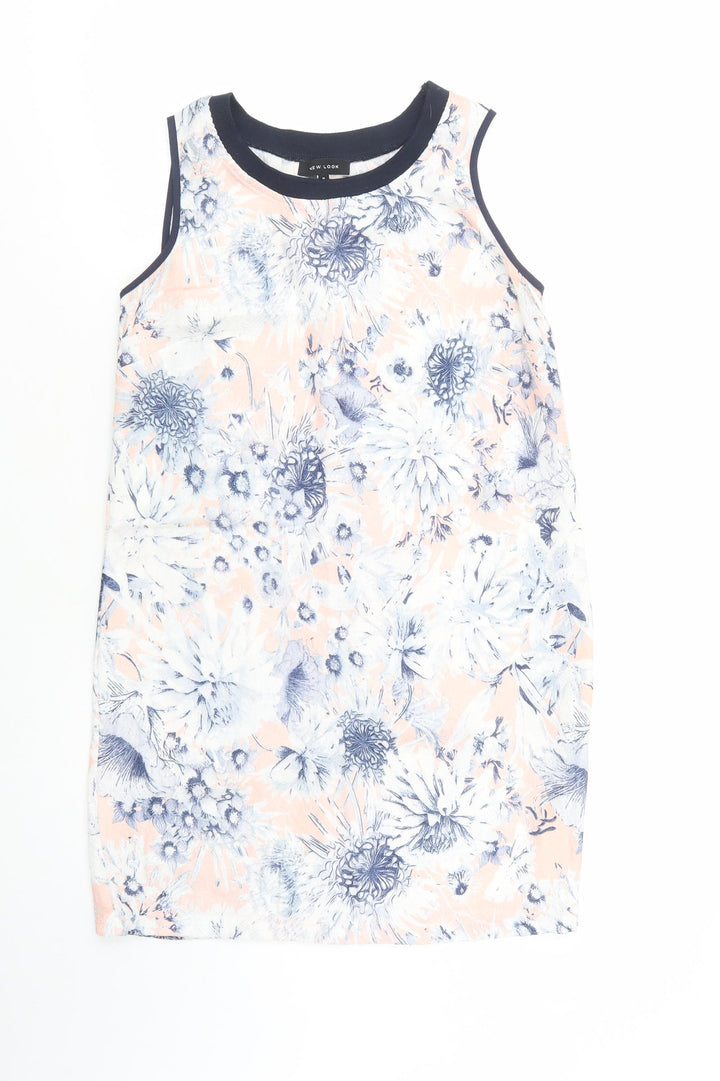 New Look Womens Blue Floral Polyester Tank Dress Size 8 Crew Neck Pullover