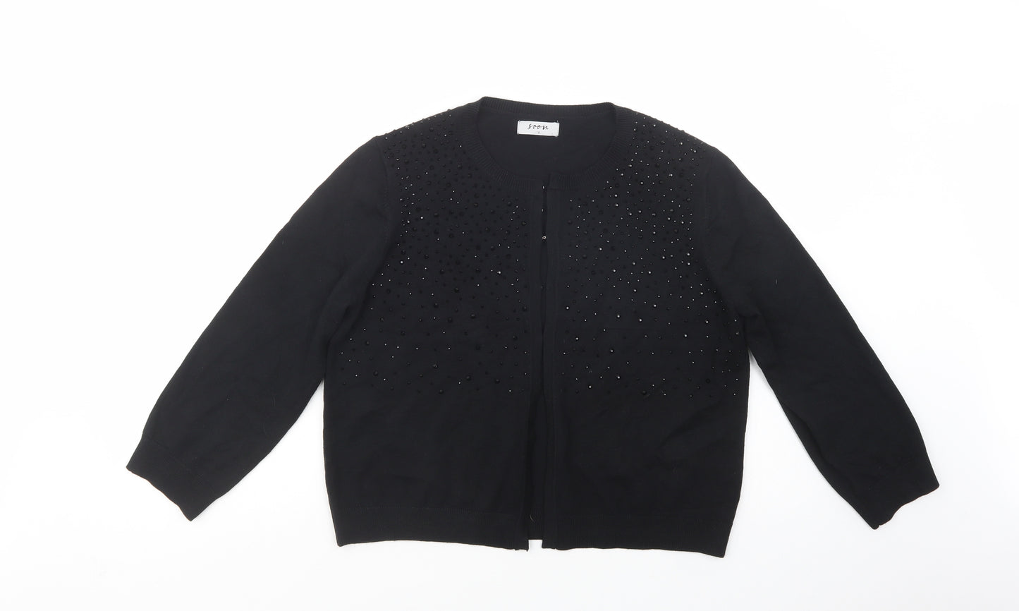 Soon Womens Black Crew Neck  Viscose Cardigan Jumper Size 14