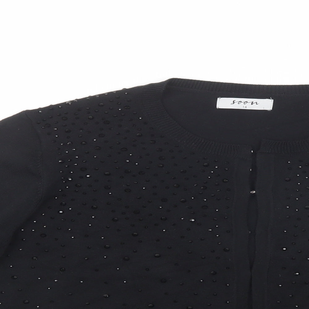 Soon Womens Black Crew Neck  Viscose Cardigan Jumper Size 14