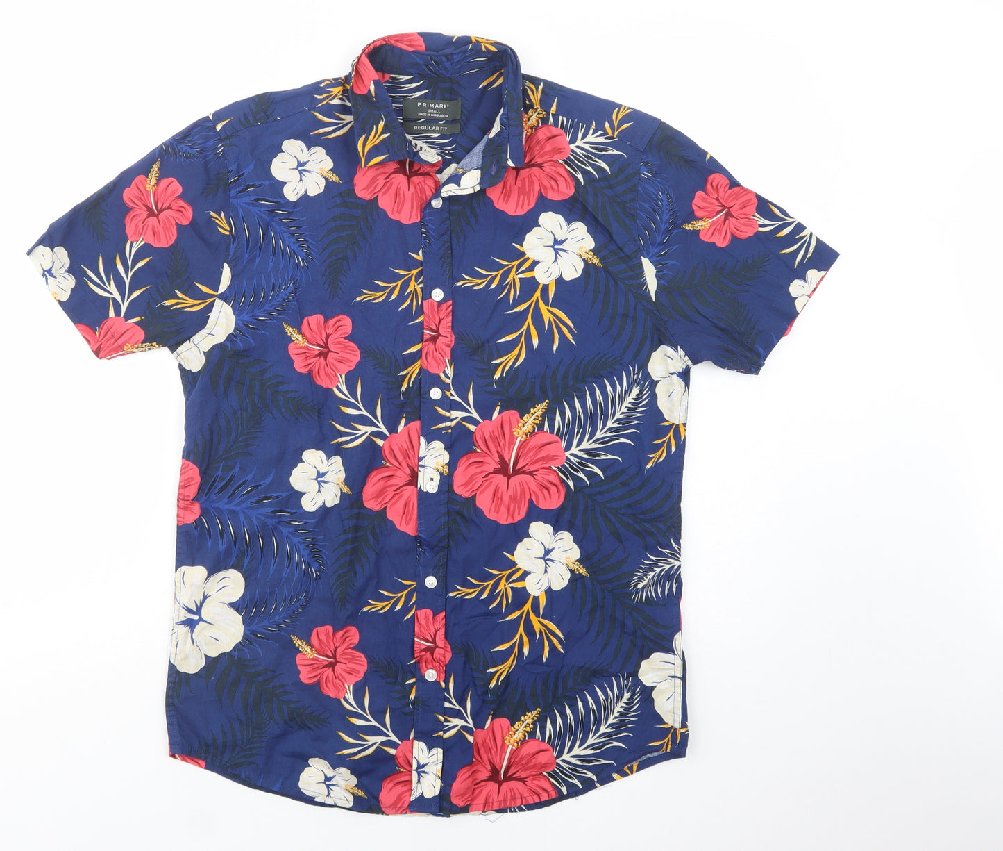 Primark Mens Blue Floral Cotton  Button-Up Size S Collared Button