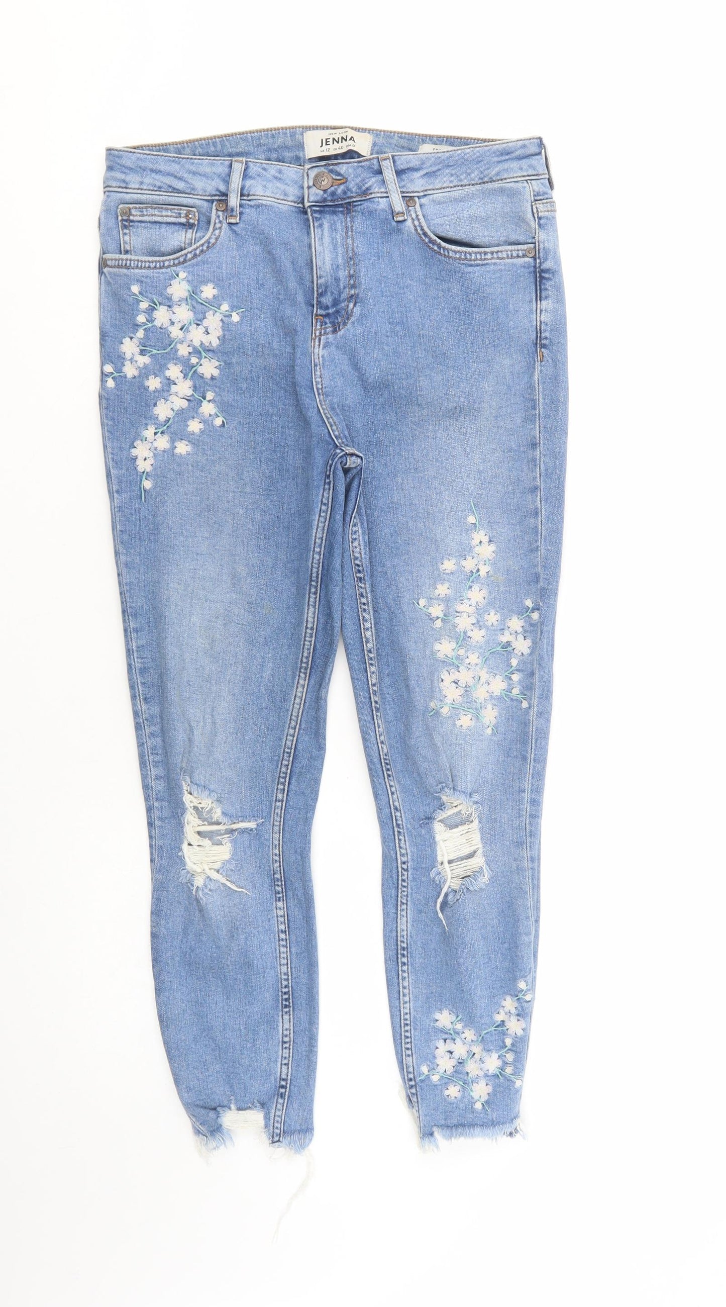 New Look Womens Blue Floral Cotton Skinny Jeans Size 12 L26 in Regular Button