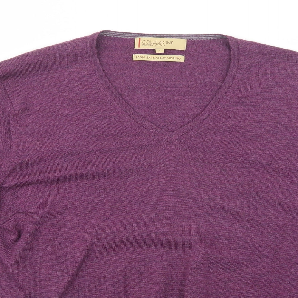 Marks and Spencer Mens Purple V-Neck  Wool Pullover Jumper Size L