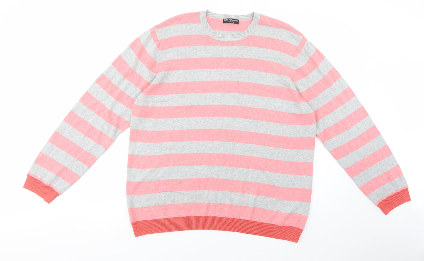 Autograph Mens Grey Crew Neck Striped Cotton Pullover Jumper Size XL