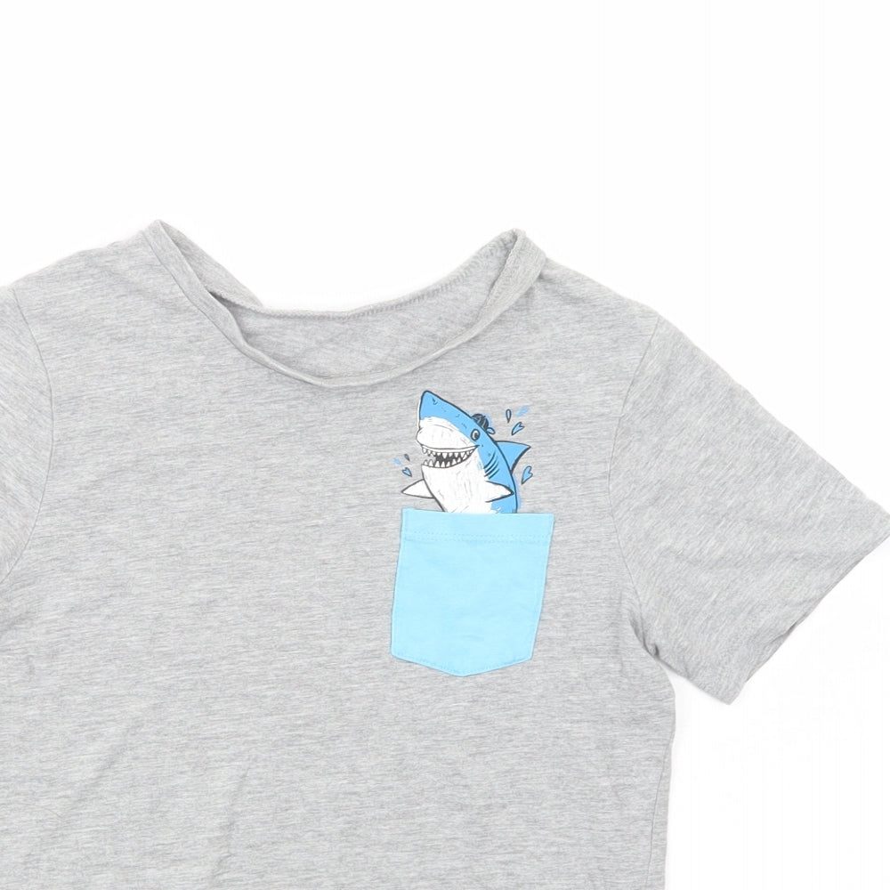 George Boys Grey  Cotton Basic T-Shirt Size 8-9 Years Crew Neck Pullover - Shark