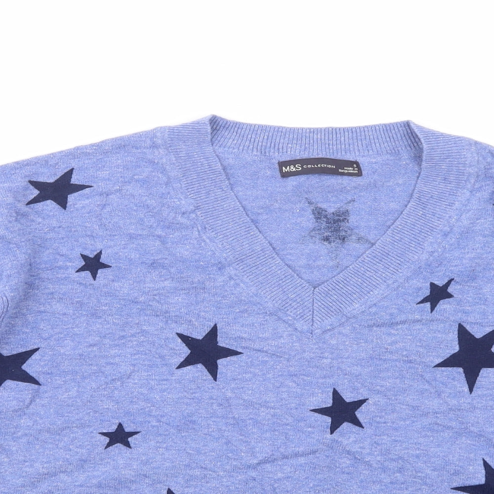 Marks and Spencer Womens Blue V-Neck Geometric Cotton Pullover Jumper Size S   - Star Print
