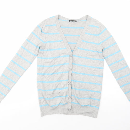 River Island Womens Grey V-Neck Striped Viscose Cardigan Jumper Size 10