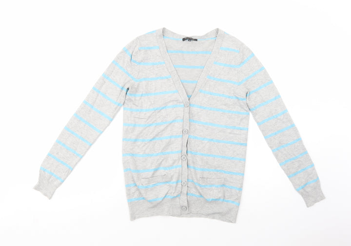 River Island Womens Grey V-Neck Striped Viscose Cardigan Jumper Size 10