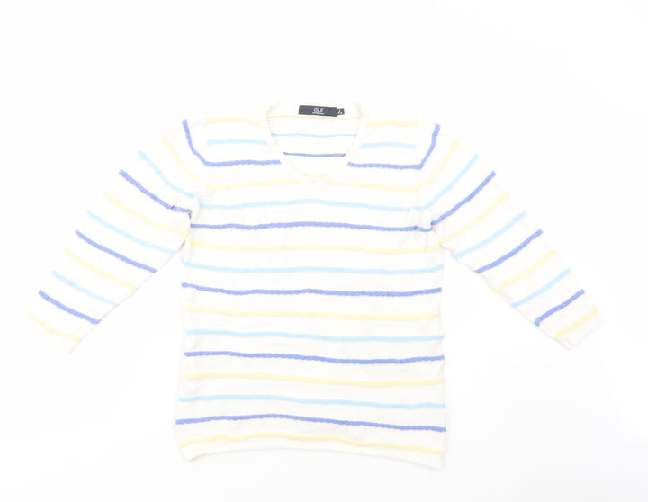 Isle Womens White V-Neck Striped Cotton Pullover Jumper Size 10