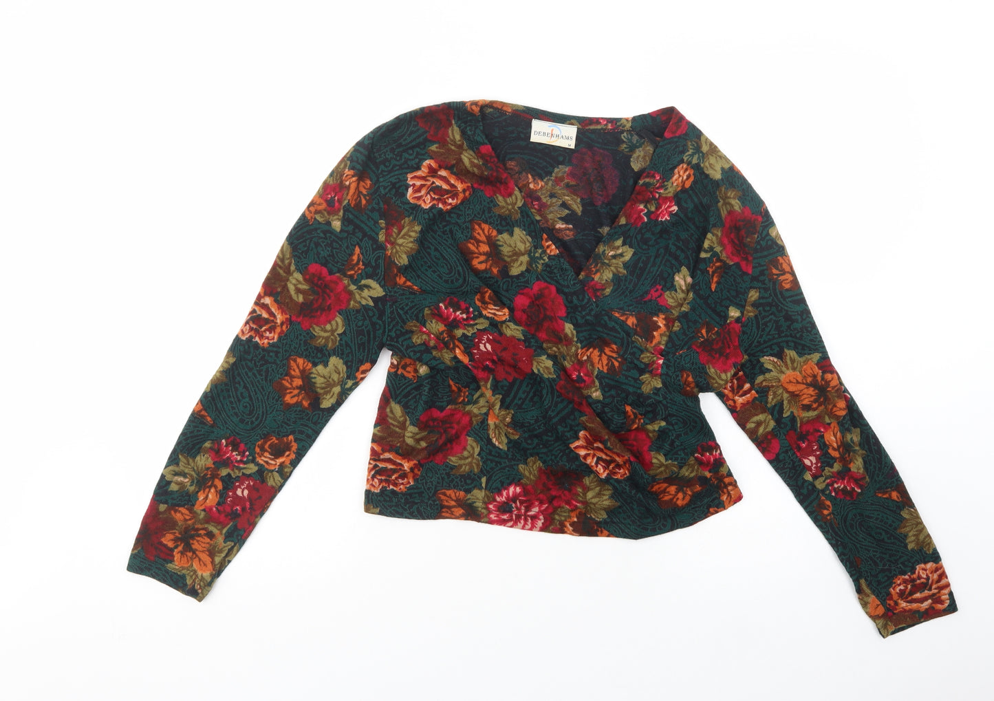Debenhams Womens Green V-Neck Floral Acrylic Pullover Jumper Size M