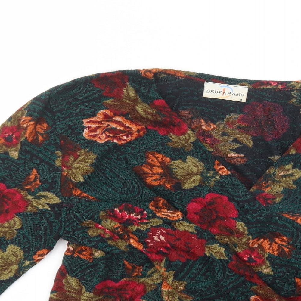 Debenhams Womens Green V-Neck Floral Acrylic Pullover Jumper Size M