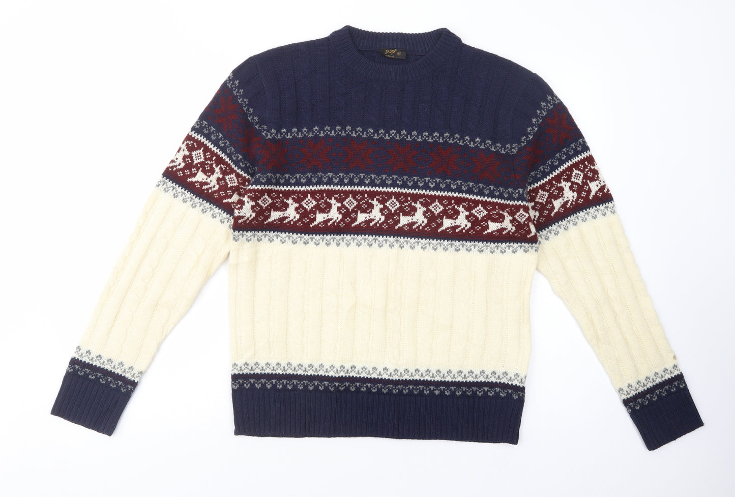 Pop England Mens Blue Crew Neck Fair Isle Acrylic Pullover Jumper Size M