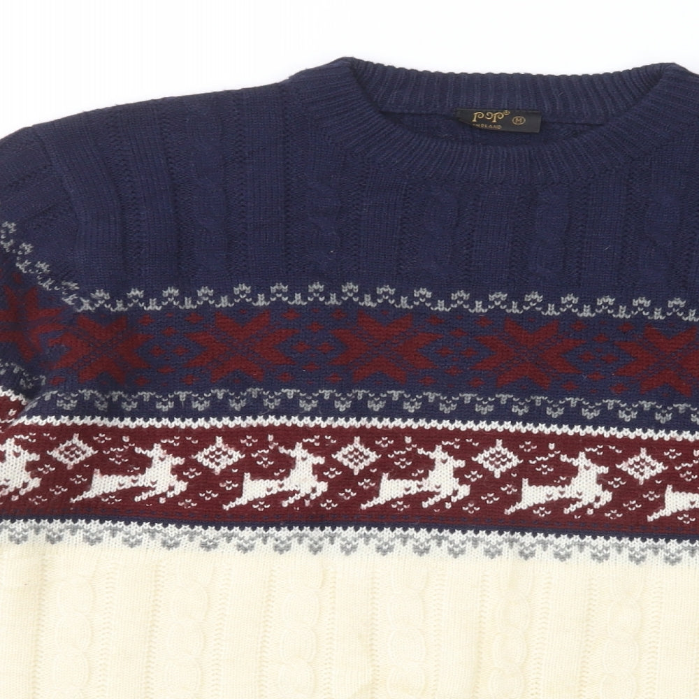 Pop England Mens Blue Crew Neck Fair Isle Acrylic Pullover Jumper Size M