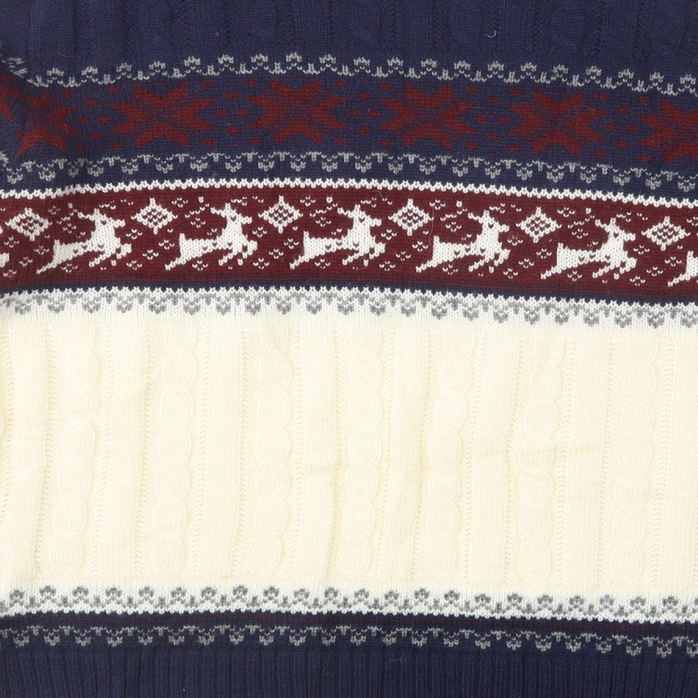 Pop England Mens Blue Crew Neck Fair Isle Acrylic Pullover Jumper Size M