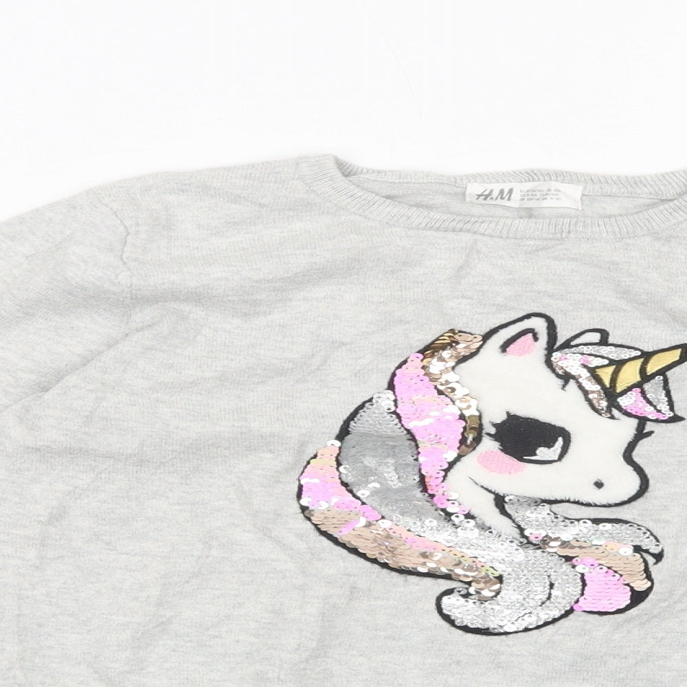 H&M Girls Grey Crew Neck   Pullover Jumper Size 9-10 Years  Pullover - Unicorn