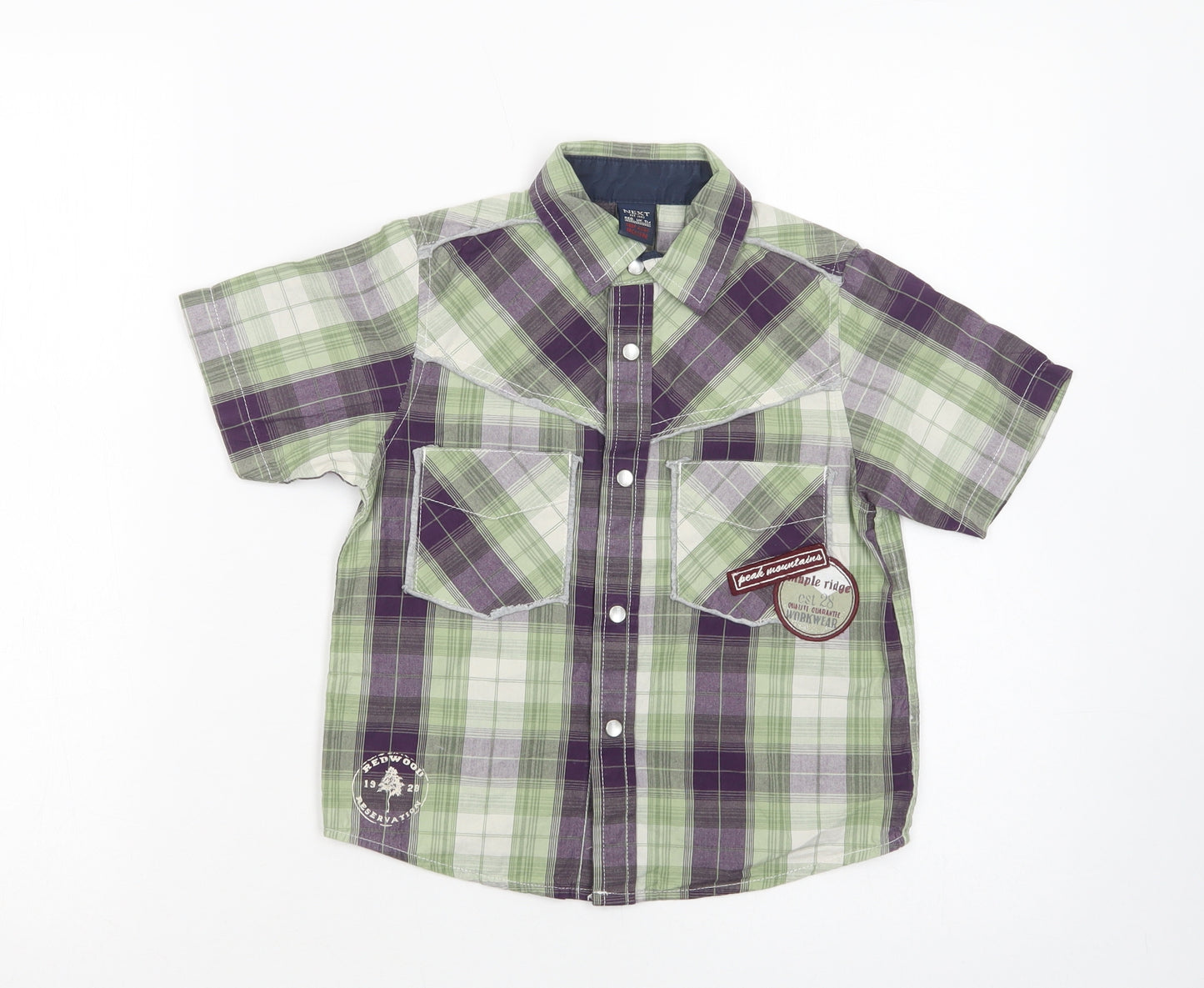 NEXT Boys Green Plaid Cotton Basic Button-Up Size 4 Years Collared Snap
