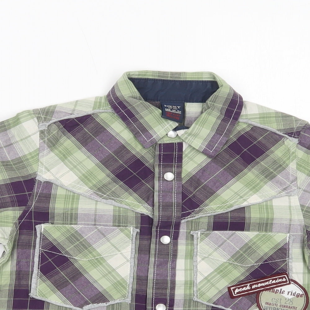 NEXT Boys Green Plaid Cotton Basic Button-Up Size 4 Years Collared Snap