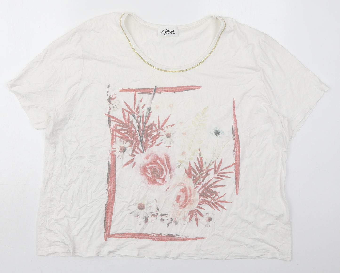Afibel Womens White  Viscose Basic T-Shirt Size 24 Round Neck - Flowers