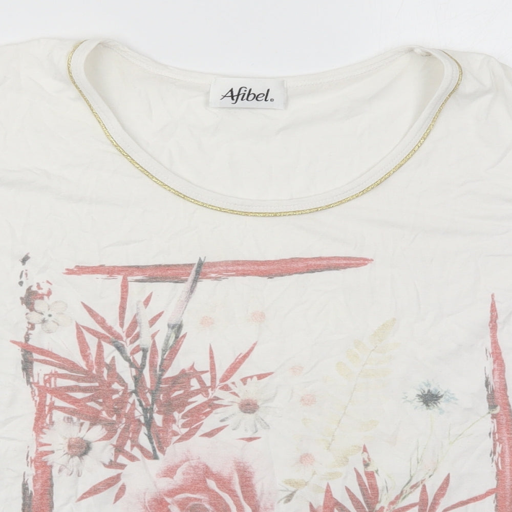 Afibel Womens White  Viscose Basic T-Shirt Size 24 Round Neck - Flowers