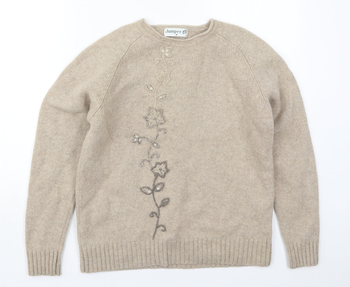 Jumper Womens Beige Crew Neck  Wool Pullover Jumper Size M   - Flowers