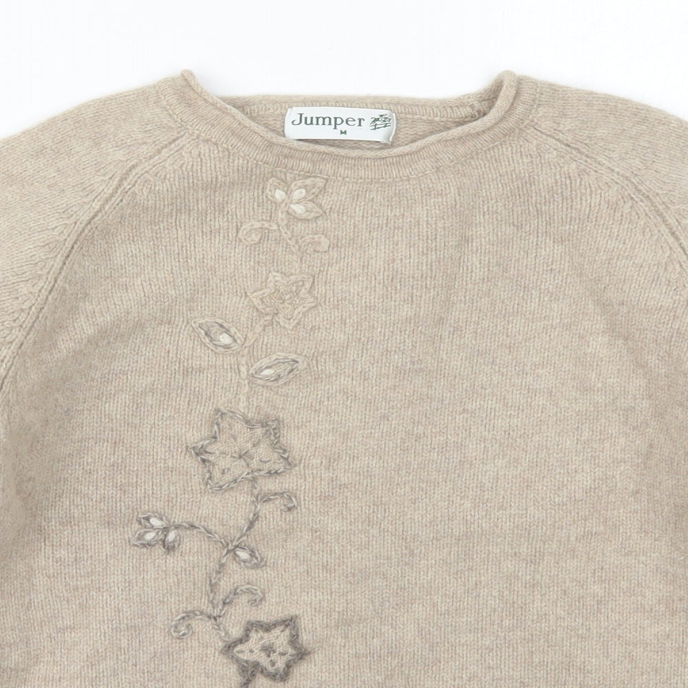 Jumper Womens Beige Crew Neck  Wool Pullover Jumper Size M   - Flowers