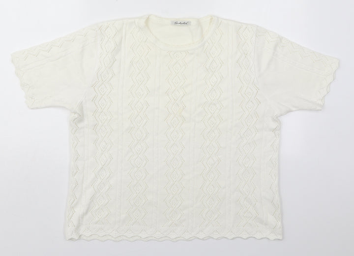 Berkertex Womens White Crew Neck Geometric Cotton Pullover Jumper Size L