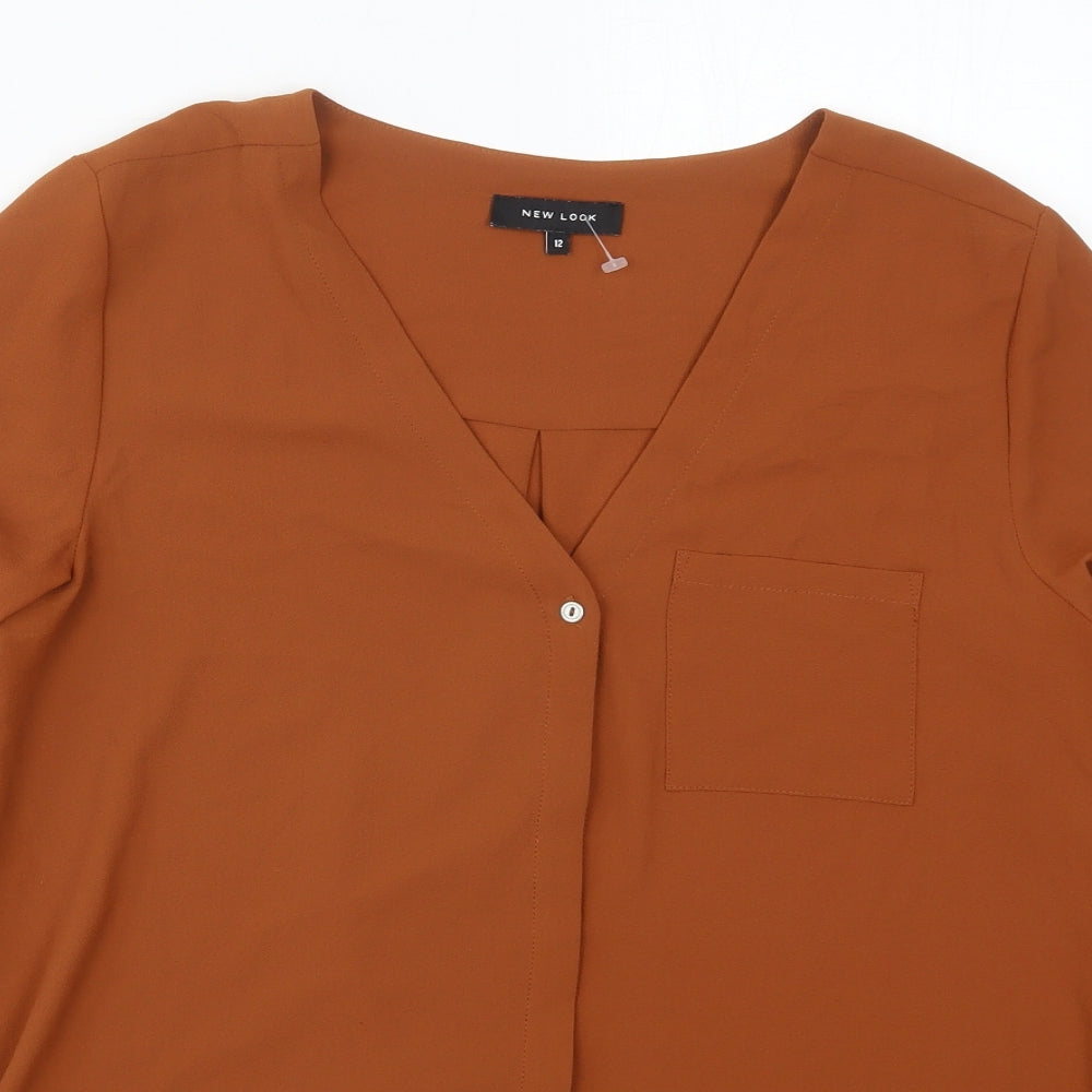 New Look Womens Brown  Polyester Basic Blouse Size 12 V-Neck