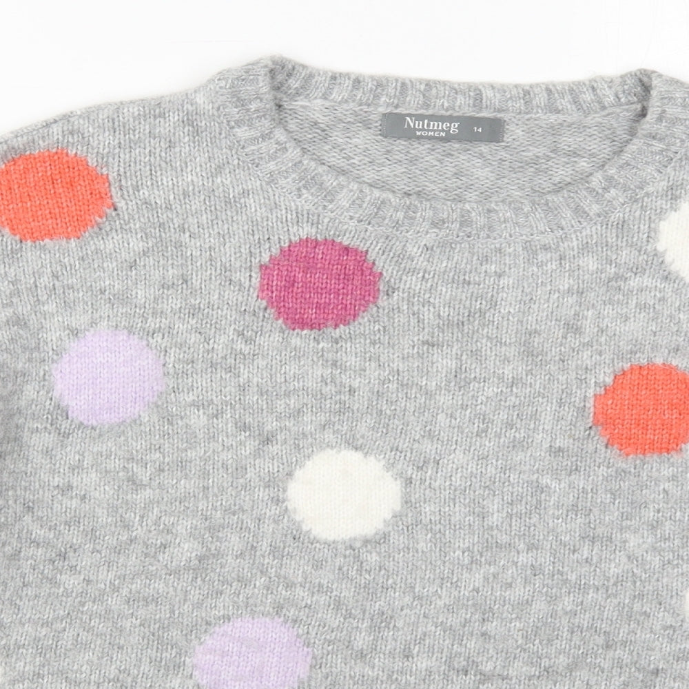 Nutmeg Womens Grey Crew Neck Polka Dot Acrylic Pullover Jumper Size 14