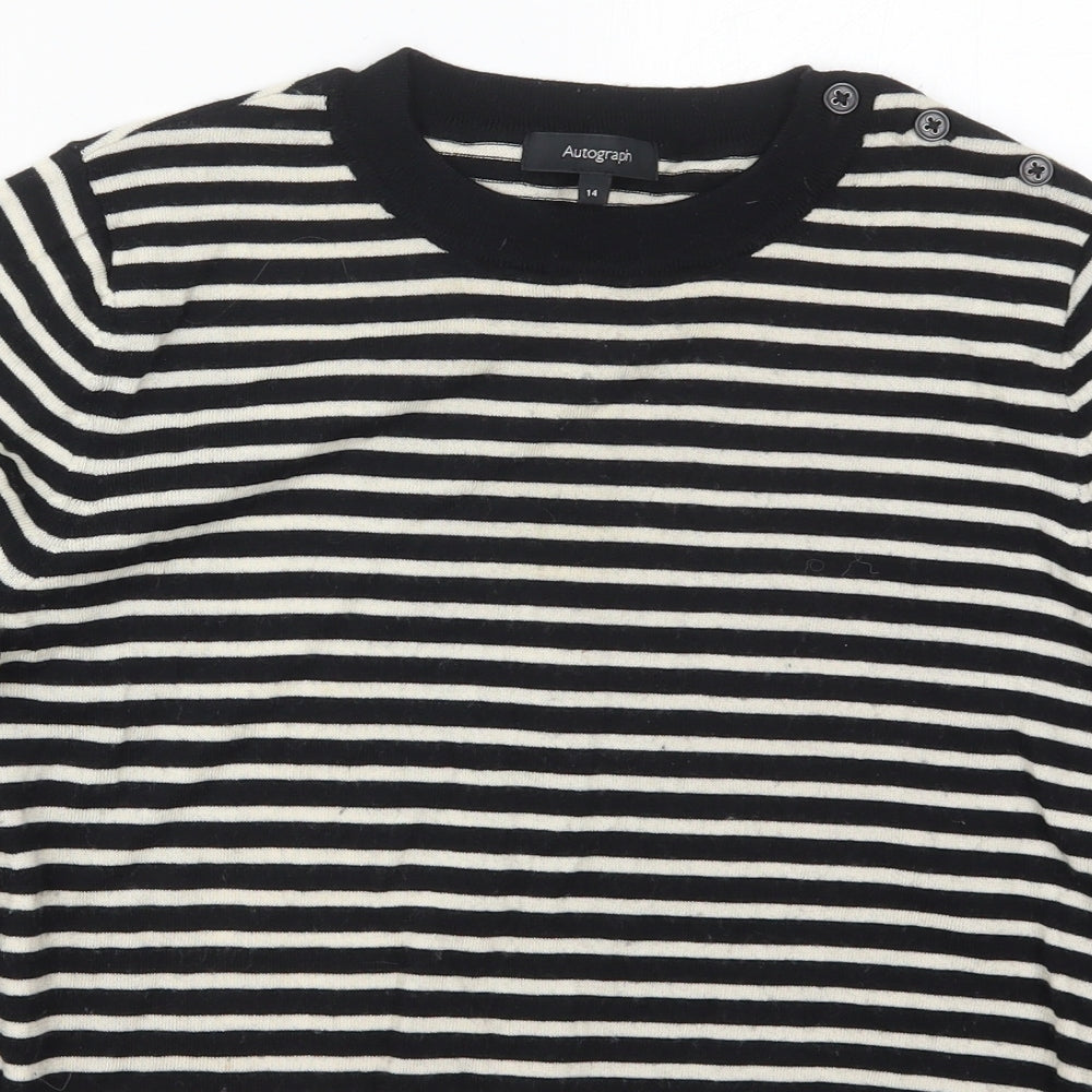 Marks and Spencer Womens Black Crew Neck Striped Wool Pullover Jumper Size 14