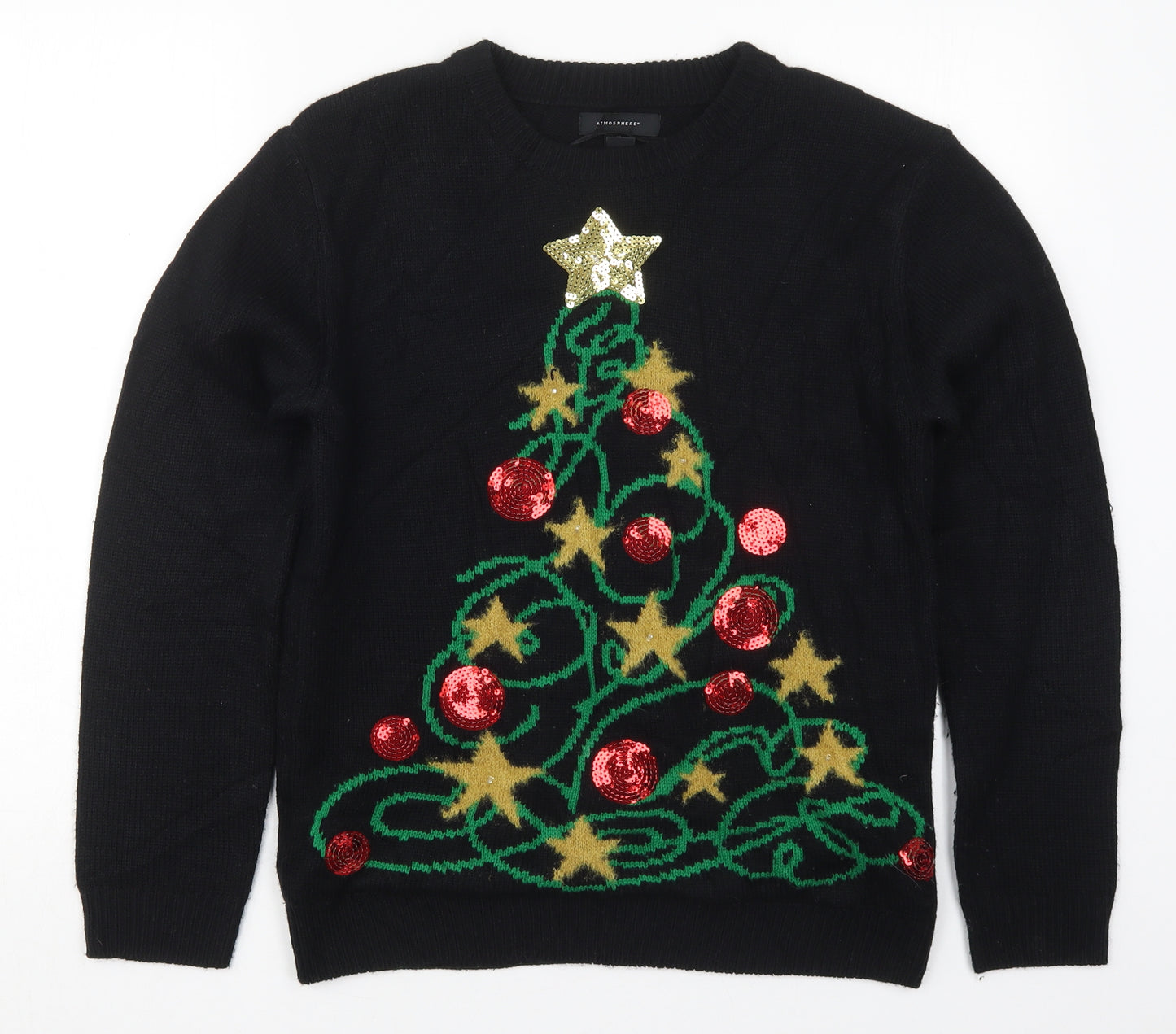 Primark Womens Black Crew Neck  Acrylic Pullover Jumper Size 10   - Christmas Tree