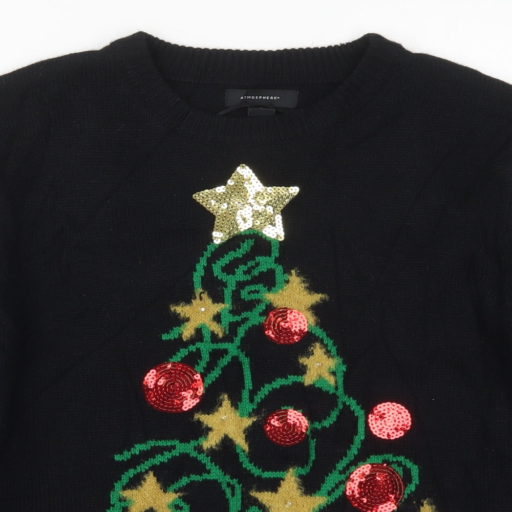 Primark Womens Black Crew Neck  Acrylic Pullover Jumper Size 10   - Christmas Tree