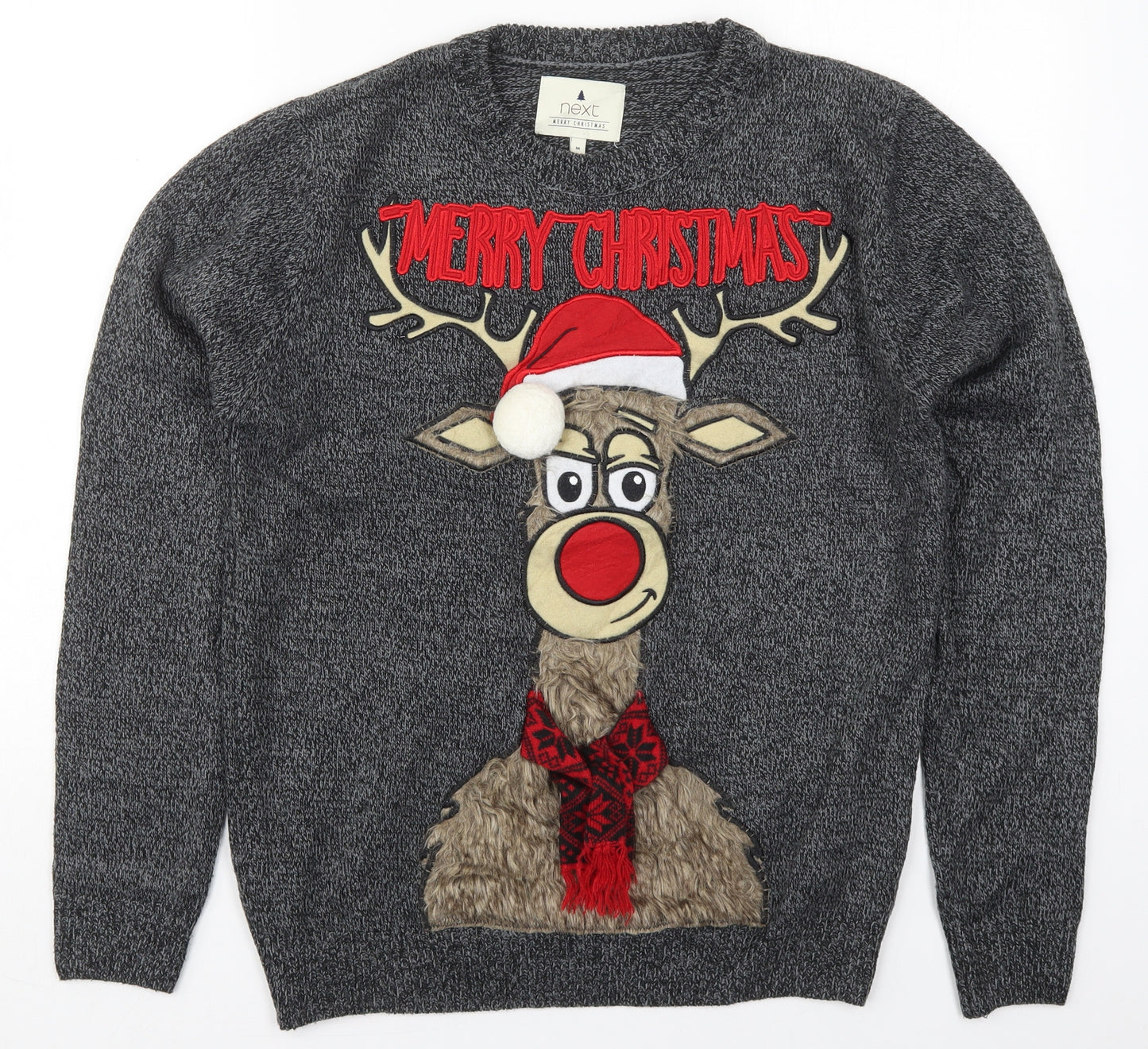 NEXT Mens Grey Crew Neck  Acrylic Pullover Jumper Size M   - Merry Christmas Rudolph