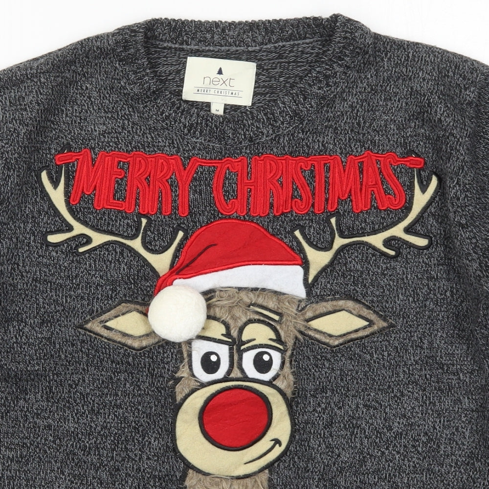 NEXT Mens Grey Crew Neck  Acrylic Pullover Jumper Size M   - Merry Christmas Rudolph