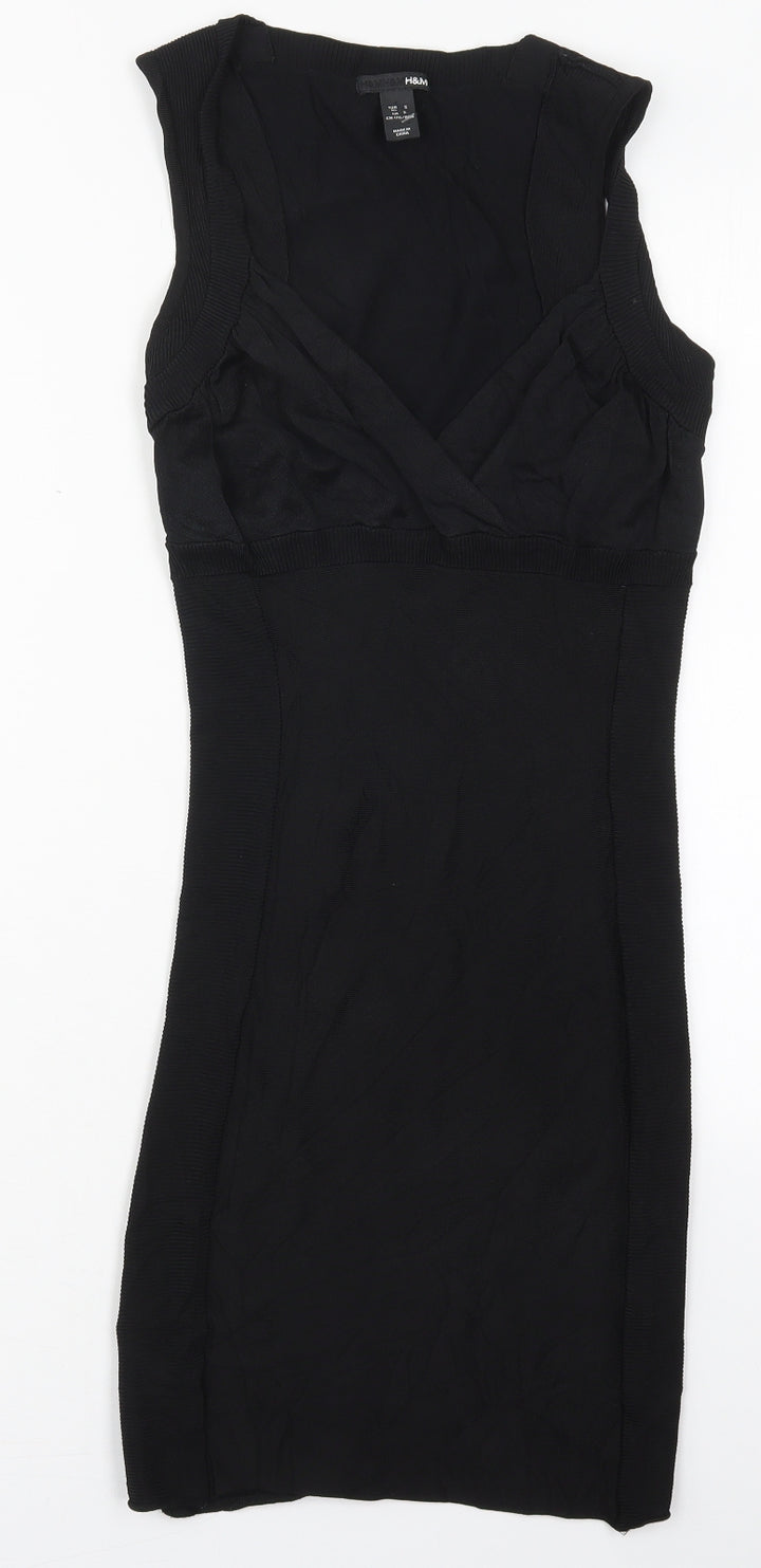 H&M Womens Black Viscose Bodycon Size S V-Neck Pullover