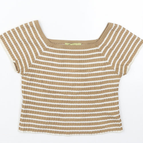 Rosario Womens Beige Striped Polyester Cropped T-Shirt Size M Square Neck