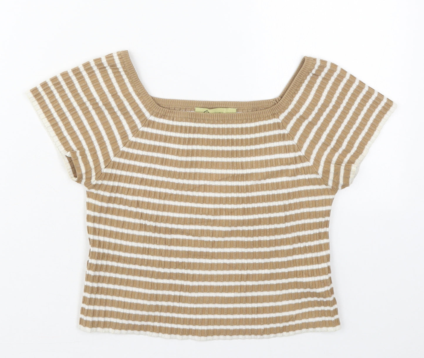 Rosario Womens Beige Striped Polyester Cropped T-Shirt Size M Square Neck