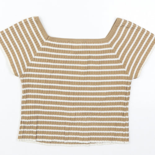 Rosario Womens Beige Striped Polyester Cropped T-Shirt Size M Square Neck