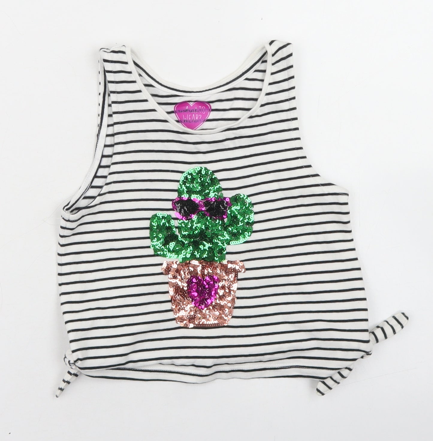 F&F Girls White Striped Cotton Cropped Tank Size 6-7 Years Round Neck  - Cactus