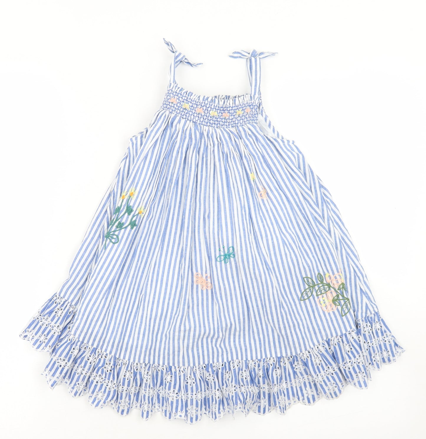 NEXT Girls Blue Striped Cotton Trapeze & Swing  Size 4-5 Years  Square Neck Tie - Floral Detail