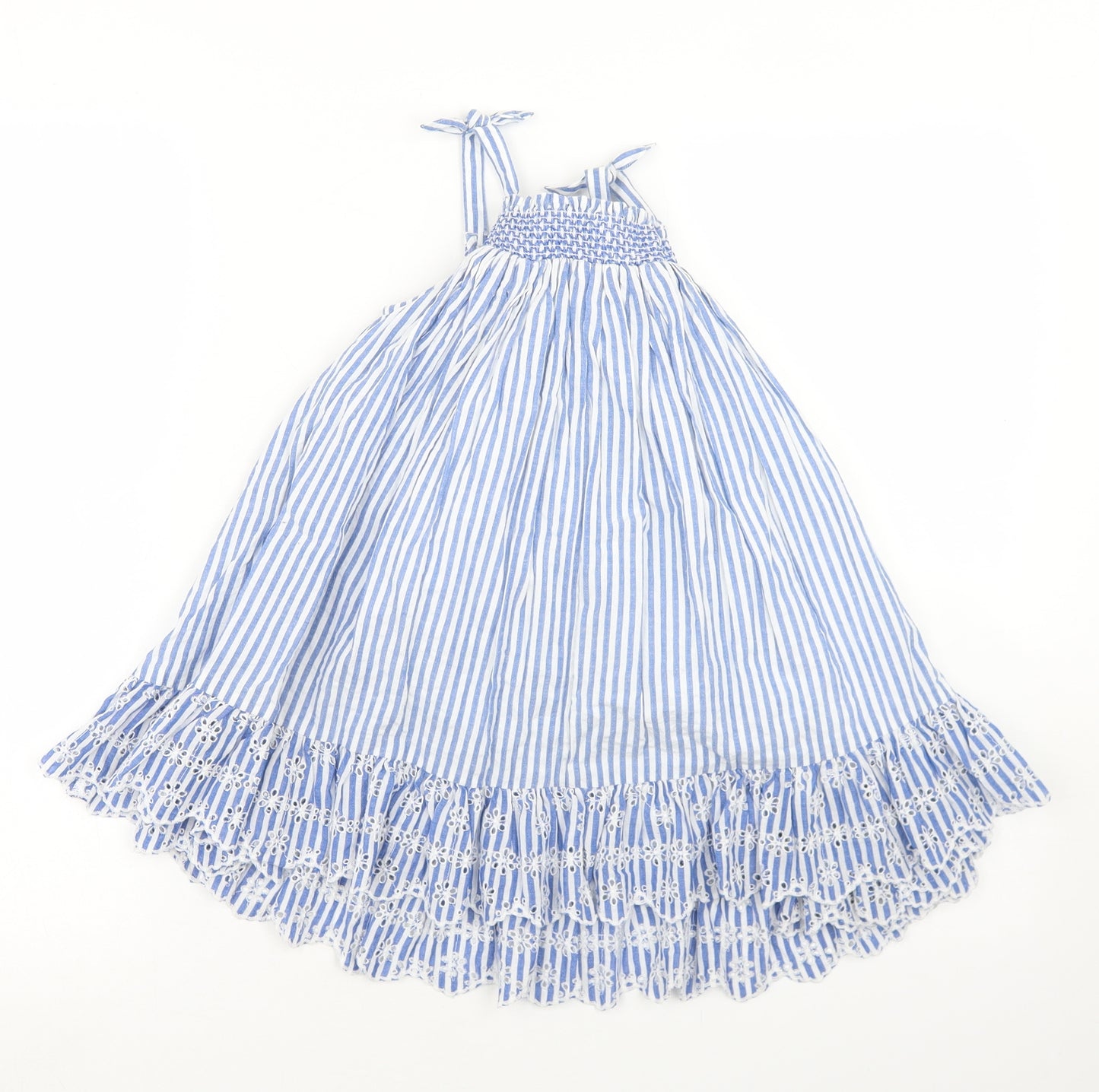 NEXT Girls Blue Striped Cotton Trapeze & Swing  Size 4-5 Years  Square Neck Tie - Floral Detail