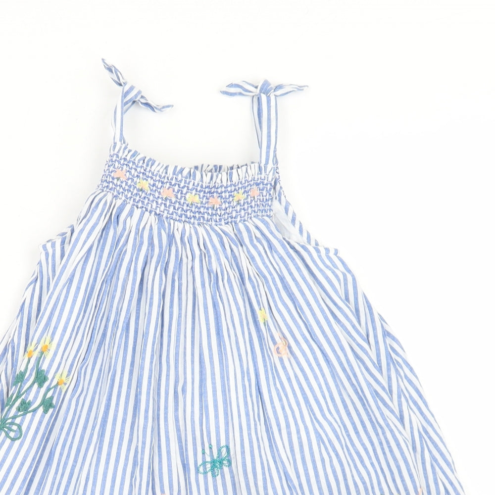 NEXT Girls Blue Striped Cotton Trapeze & Swing  Size 4-5 Years  Square Neck Tie - Floral Detail