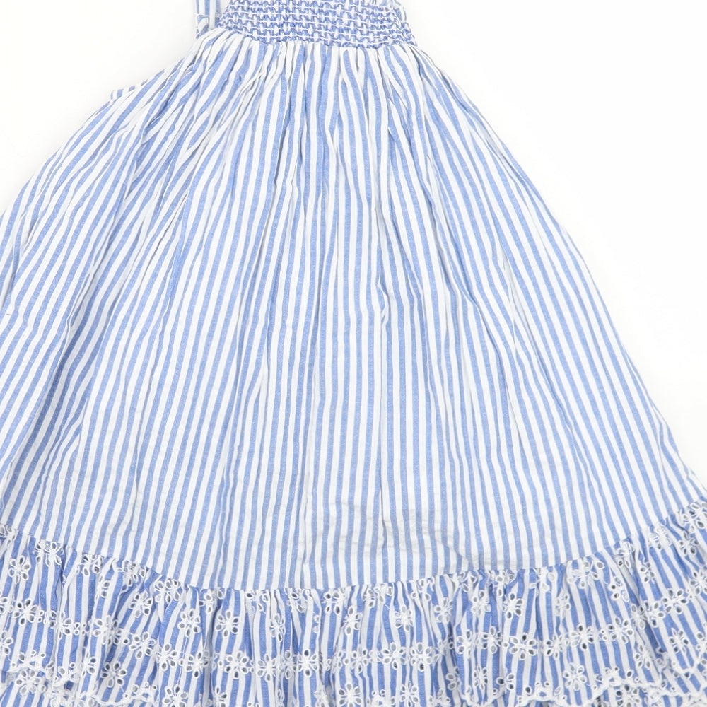 NEXT Girls Blue Striped Cotton Trapeze & Swing  Size 4-5 Years  Square Neck Tie - Floral Detail