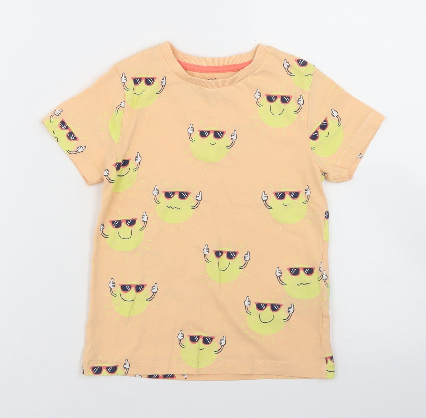 Marks and Spencer Boys Orange Geometric Cotton Basic T-Shirt Size 4-5 Years Crew Neck  - Sun Print