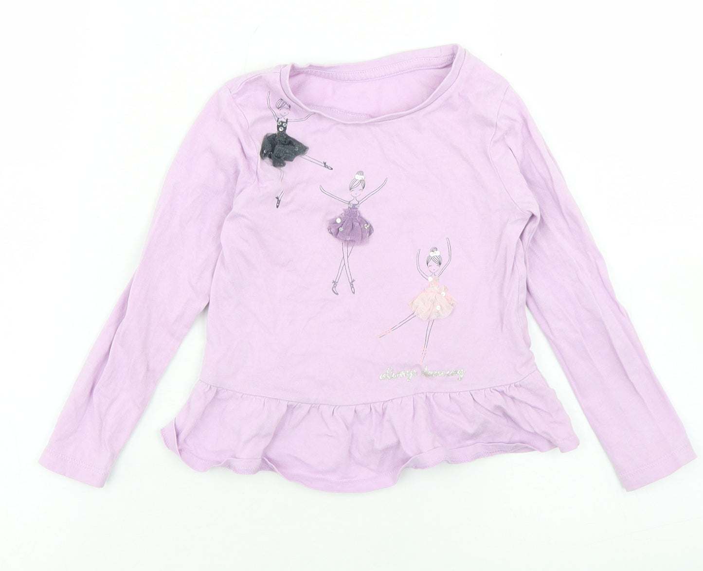 Dunnes Stores Girls Purple  Cotton Basic T-Shirt Size 3-4 Years Crew Neck  - Ballet Dancers