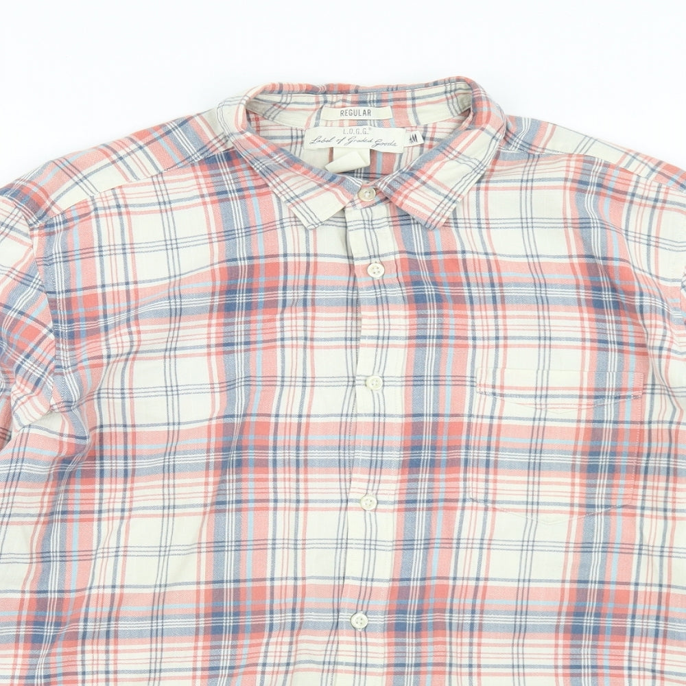 H&M Mens Beige Plaid Cotton  Button-Up Size L Collared Button