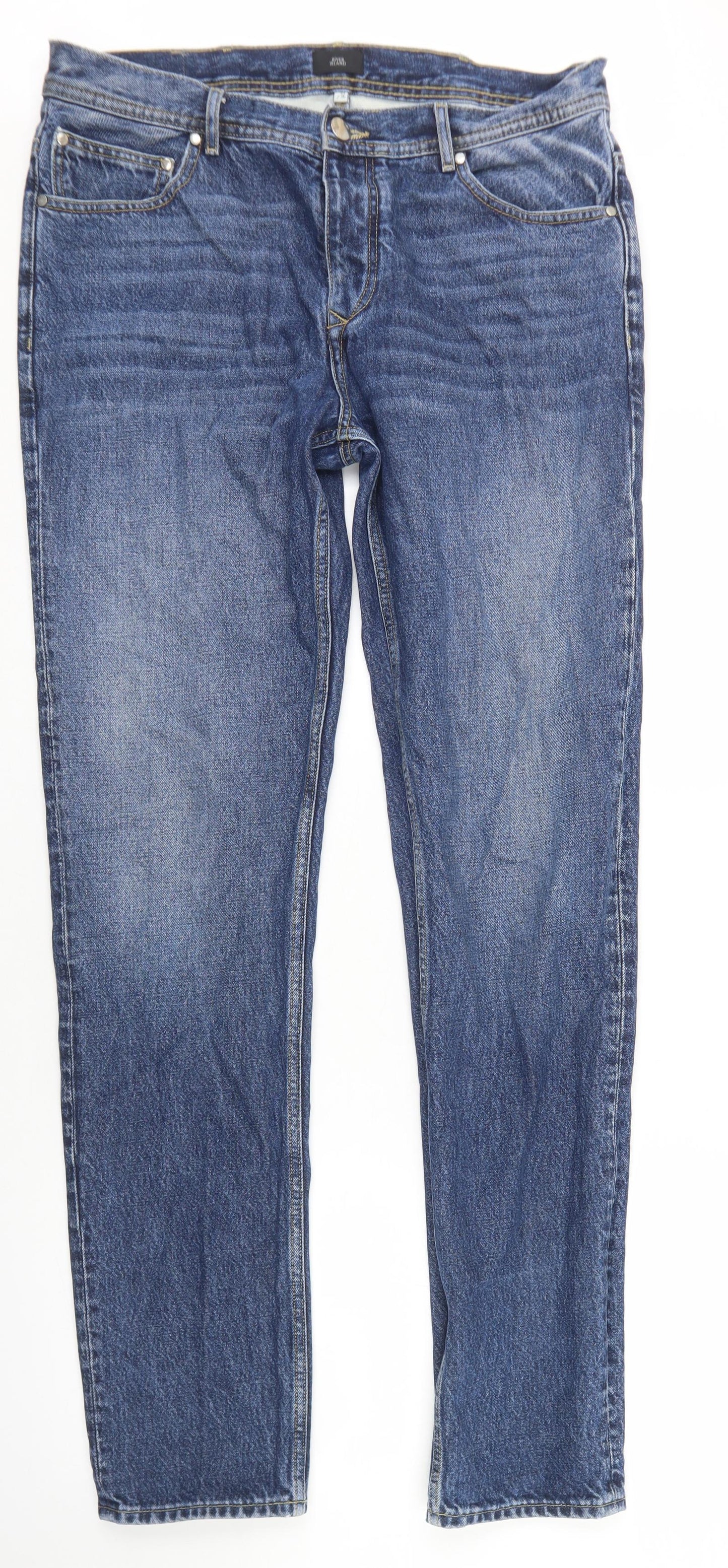 River Island Mens Blue  Cotton Straight Jeans Size 34 in L34 in Regular Button