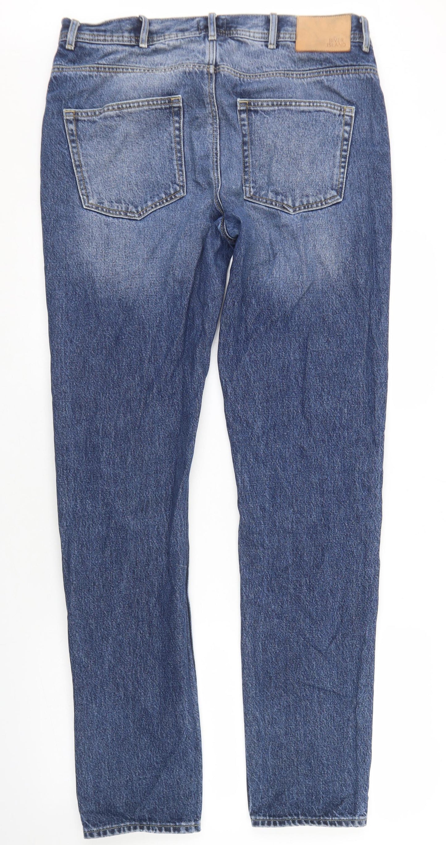River Island Mens Blue  Cotton Straight Jeans Size 34 in L34 in Regular Button