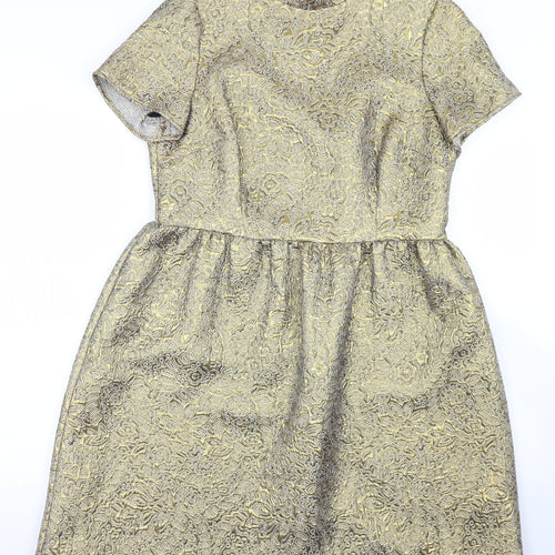 Marks and Spencer Womens Gold Paisley Cotton Skater Dress  Size 14  Crew Neck Zip